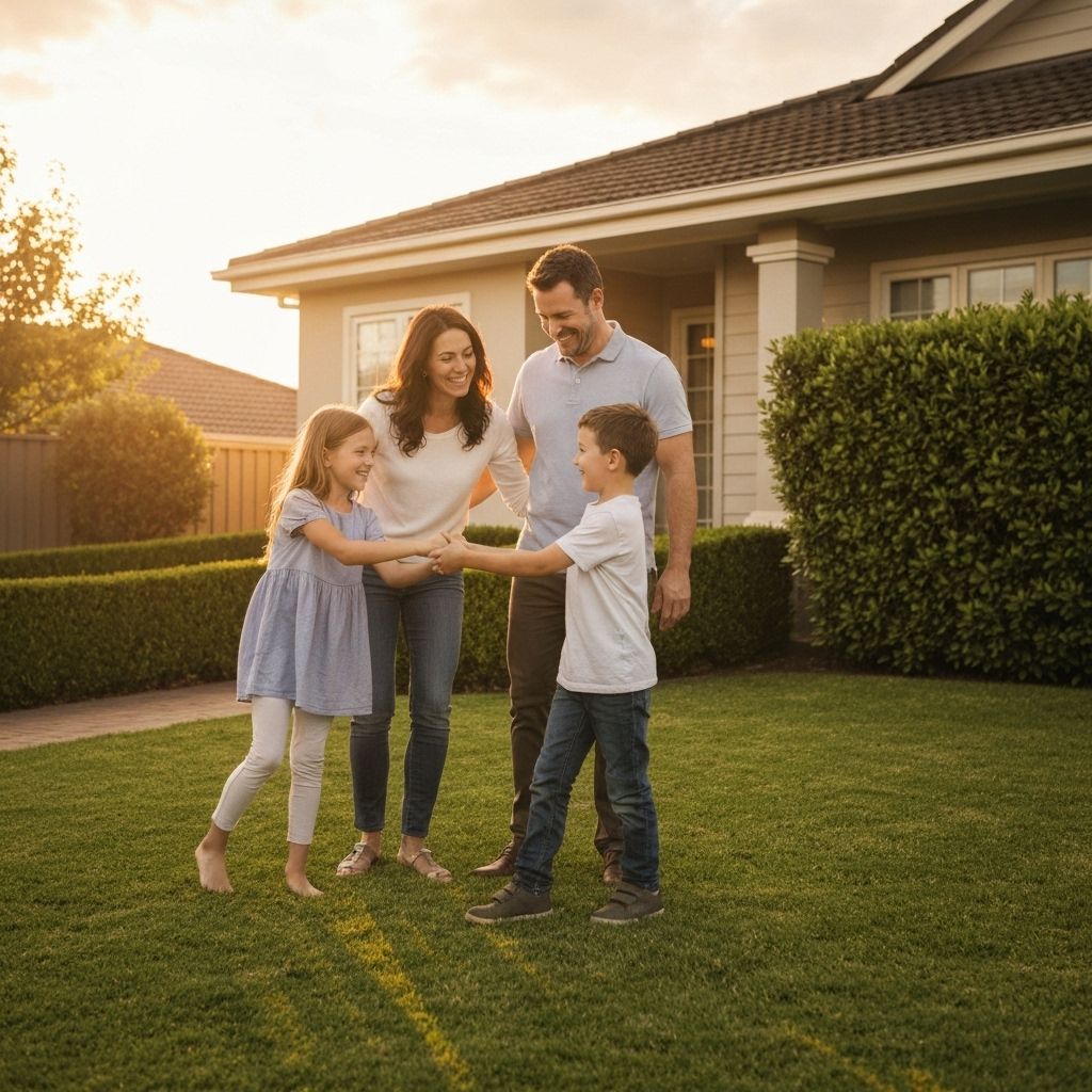 Happy family outside their home